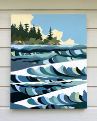 Art original painting of a landscape with trees and wavy water on a wooden wall.