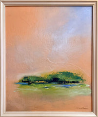 Abstract painting with a landscape of green landmass and blue water on a beige background