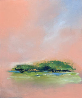 Abstract painting of a landscape with green area and pink sky