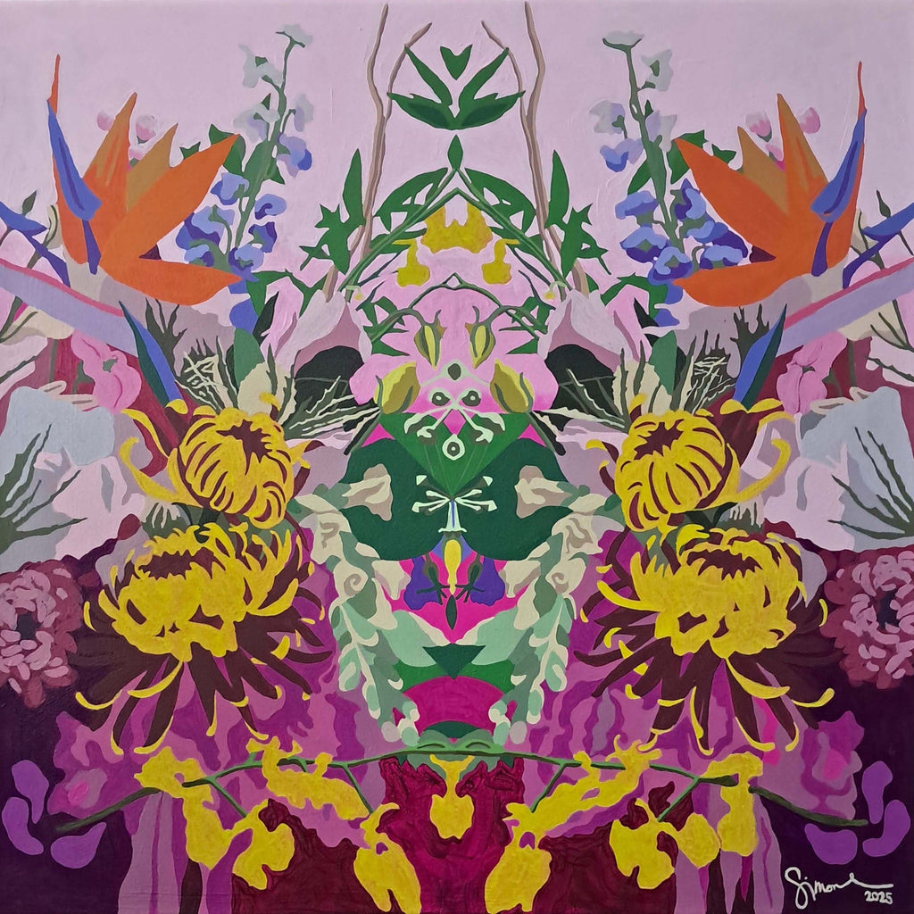 Colorful abstract artwork with floral patterns on a pink background