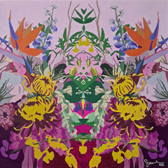 Colorful abstract artwork with floral patterns on a pink background