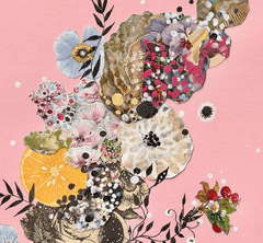 Collage of flowers and leaves on a pink background