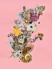 Colorful contemporary art analog collage of seashells and flowers on a pink background