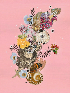 Colorful contemporary art analog collage of seashells and flowers on a pink background