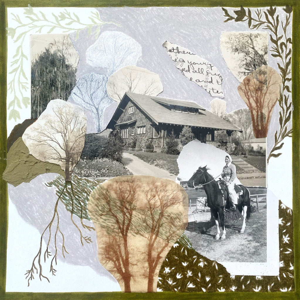Collage with a house, horse, and person, surrounded by decorative tree elements.
