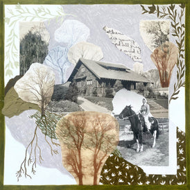 Collage with a house, horse, and person, surrounded by decorative tree elements.