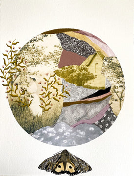Collage with circular design featuring nature elements and a butterfly on a white background