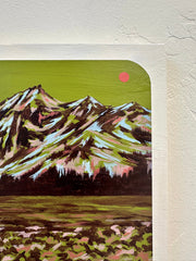 Painting of a mountain landscape with a pink sun on a textured white background. Original fine art gallery.