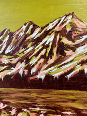 Painting of mountains with a green background. Jennifer Peart American emerging artist.
