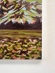 Abstract painting with green, brown, and pink brush strokes. Original landscape art.