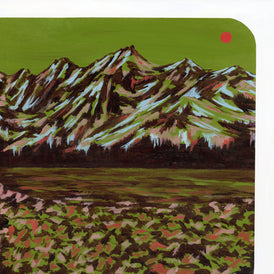 Painting of mountains with a green background. Original gallery wall art.