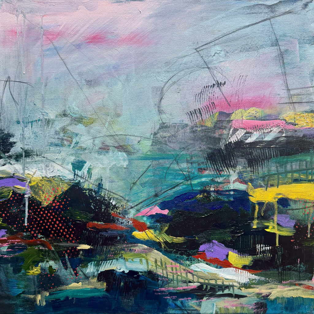 Abstract artwork with a mix of colors and shapes