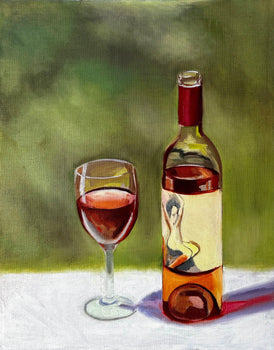 Original art still life painting of Wine bottle and glass with a blurred background
