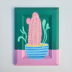 pink cactus on a green background painted frame wall art 