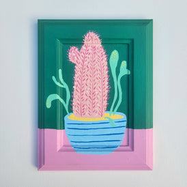 pink cactus on a green background painted frame wall art 