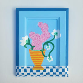 artwork of a pink cactus against a light blue background original painting