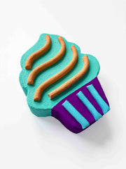 Contemporary wall sculpture resembling a cupcake with teal top and purple base on a white background