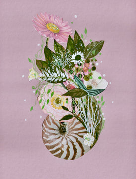 Contemporary art mixed media collage of a nautilus shell with floral elements on a pink background