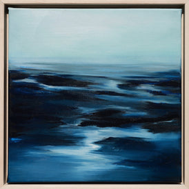 Abstract painting of a blue ocean with a blurred effect. Framed original gallery wall art.
