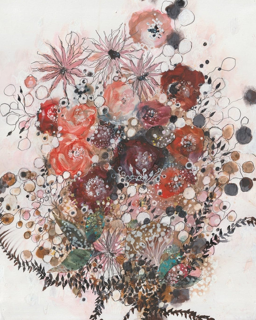 Mixed media drawing of flowers and floral elements on a textured background