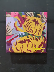 Square painting with yellow floral design against a dark background