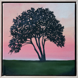 Painting of a tree with a pink and blue sky. Contemporary realism.