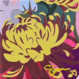 Colorful abstract artwork with a prominent yellow flower-like shape on canvas