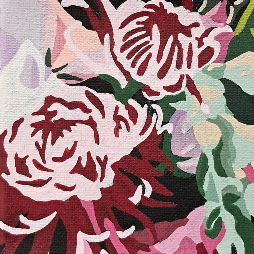 Original painting on canvas of a close-up of a floral pattern with red, pink and white flowers 