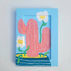 pink cactus on light blue background original art painted frame