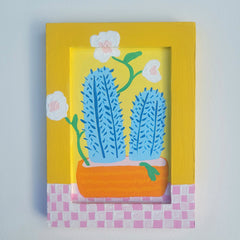 Painting of blue cacti in an orange pot with white flowers on a yellow background original art