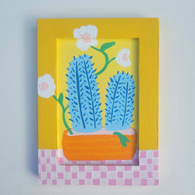 Painting of blue cacti in an orange pot with white flowers on a yellow background original art