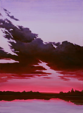 Original landscape painting of a sunset over a lake with dark clouds reflecting on the water